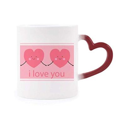 Imagem de Caneca de grés rosa lindo sorriso rosto corações sensível ao calor vermelha muda de cor