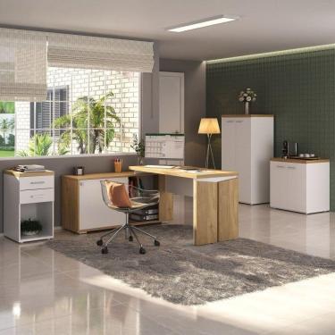 Imagem de Conjunto Escritório Completo 4 Peças Mesa em L Armário Alto Balcão Gaveteiro Smart Artany Olmo/Branco