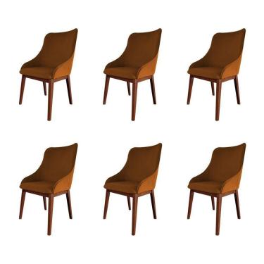 Imagem de Kit 6 Cadeiras De Jantar Estofada Veludo Terracota Base Madeira Maciça Imbuia Laranja