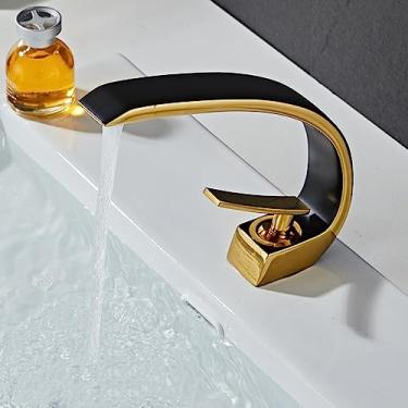 Imagem de Torneira da bacia Torneira de latão cromada Escova de pia de níquel Misturadora Torneira de vaidade Torneira de banheiro de água quente e fria, preto dourado