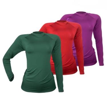 Imagem de 3 Camisetas Térmica Segunda Pele Proteção Solar UV50+ Unissex (G, Roxo-Vermelho-Verde)