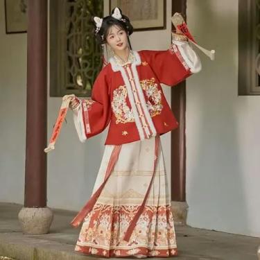 Imagem de Vestido Hanfu quente feminino chinês bordado tradicional Hanfu vermelho amarelo branco conjuntos feminino fantasia de Natal Ano Novo