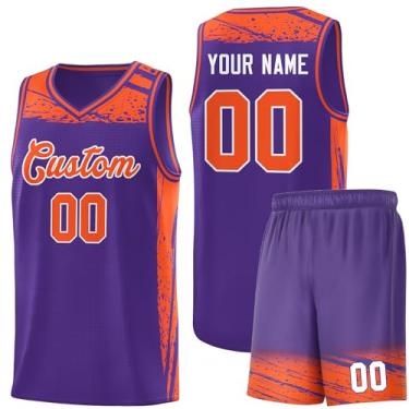 Imagem de Camisa masculina personalizada de basquete juvenil uniforme de treino uniforme impresso personalizado nome do time logotipo número, Roxo e laranja - 12, Tamanho Único