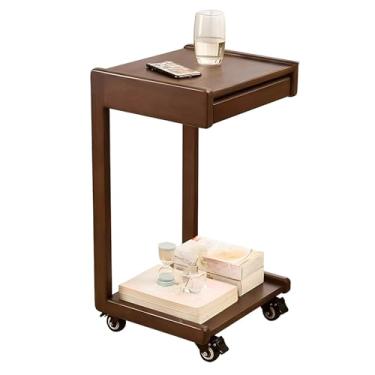 Imagem de Mesa Lateral De Madeira Com Gaveta, Mesa Final Moderna Com 4 Polias, Mesa Lateral Para Sofá Com Estrutura Estável, Para Quarto E Escritório