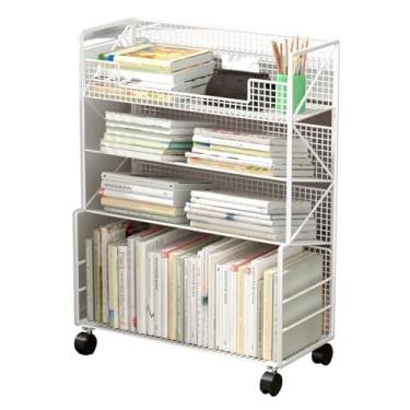 Imagem de Carrinho de estante móvel, carrinho de estante de metal com rodas Organizador de armazenamento de mesa Estante de empurrar/exibição de canto Rack de revistas para espaços estreitos (cor: branco, tam