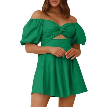 Imagem de LEKODE Vestidos de verão para mulheres, vestido midi de gola alta, sexy, manga ombro de fora, plissado, curto, evasê, Verde, G