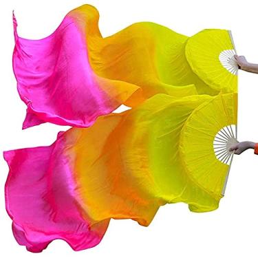 Imagem de Nimiman 1 par feminino (esquerda + direita) de seda véu de dança do ventre leques dobráveis longos comprimento 180 cm largura 90 cm (rosa laranja amarela)
