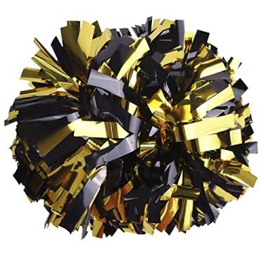 Imagem de Gbateri 1 par de pompons metálicos de líder de torcida de 15 cm com alça de batom, pompons de líder de torcida, pompons de torcida, pompons de torcida para meninas e adultos, equipe esportiva esquadrão de torcida (preto e dourado)
