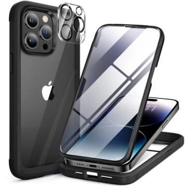 Imagem de Miracase Capa Glass Series projetada para iPhone 14 Pro Max de 6,7 polegadas, [Atualização 2023] Capa de proteção de corpo inteiro com protetor de tela de vidro temperado 9H integrado com protetor de lente de câmera, preto-A