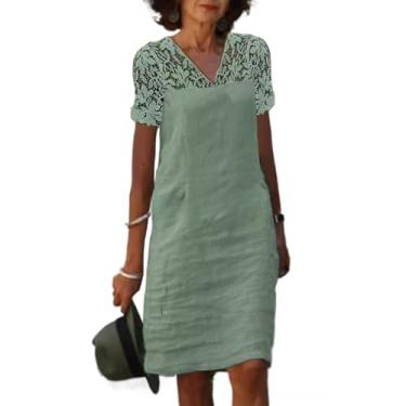 Imagem de Vestidos femininos 2024 renda patchwork decote em V sólido algodão linho vestido casual, Verde, 3G