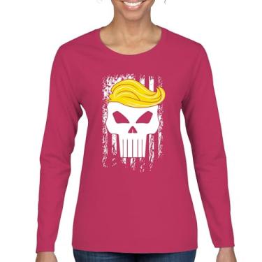 Imagem de Camiseta feminina de manga comprida com bandeira de Trump 2024 Make America First Great Again Deplorable Skull My President MAGA Republican FJB, Rosa choque, G