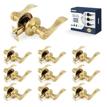 Imagem de LOQRON Maçaneta de porta estilo onda de privacidade, pacote com 10 maçanetas interiores sem chave reversíveis para canhoto/direito para quarto, banheiro, sala de estar com acabamento em latão