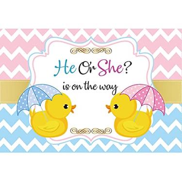 Imagem de Yeele 2,1 x 1,5 m Pano de fundo revelador de gênero de pato rosa azul branco listrado ele ou ela fotografia de fundo para chá de bebê recém-nascido decorações de festa de aniversário banner sobremesa