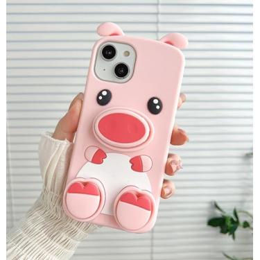 Imagem de Pink Pig Capa de telefone compatível com iPhone 12/12Pro, capa fofa para meninas e mulheres desenho 3D porquinho engraçado animal soprando bolhas à prova de choque capa macia de silicone para iPhone