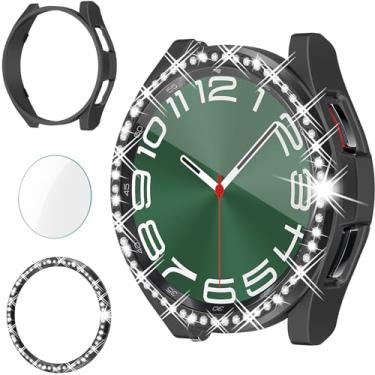 Imagem de RICHONE Capa brilhante 3 em 1 para Samsung Galaxy Watch 6 Classic 43 mm protetor de tela preta, capa protetora de vidro temperado rígido com strass para Samsung Watch 6 Classic Accessories (SM-R950 43