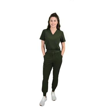 Imagem de Green Town Blusa feminina com gola V e calça de ioga slim fit jogger conjunto médico GT 4FLEX blusa e calça, Verdadeira Oliva, G