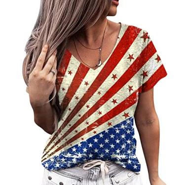Imagem de Camiseta feminina com bandeira americana solta gola V manga curta camiseta Dia da Independência 4 de julho Memorial Day blusa 2024, Multicor, XXG