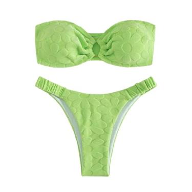 Imagem de SHENHE Conjunto de biquíni feminino sem alças com 2 peças de biquíni bandeau floral, Verde, M
