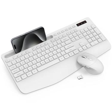 Imagem de Combo de teclado e mouse sem fio, teclado ergonômico de tamanho normal com descanso de pulso, suporte de telefone, modo de hibernação, silencioso de 2,4 GHz, sem fio para computador, laptop, PC, Mac