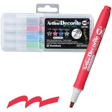 Imagem de Artline Shachihata Decorite EDF-3 marcadores apagáveis úmidos, ponta plana de 3,0 mm, marcadores metálicos para artes e artesanato, resistente ao desbotamento, ideal para sobrepintura e camadas -