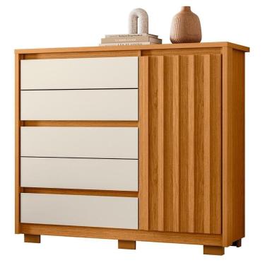 Imagem de Cômoda Sapateira Quarto Duetto 05 Gavetas E 1 Porta Ripada Cinamomo/off White Cinamomo/off White