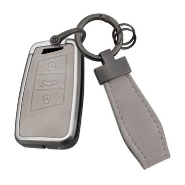 Imagem de HIBEYO Capa de chaveiro compatível com Volkswagen Key Case Acessórios de couro e liga de zinco compatíveis com VW Volkswagen Passat Tiguan Skoda CC B8 MK2 B7 Superb A7 Magotan-Short chaveiro cinza