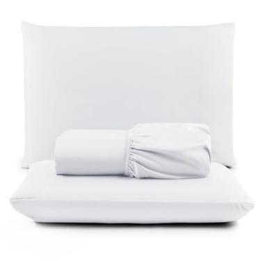 Imagem de Kit Lençol Casal Queen 03 Peças 400 fios Algodão com Elastico (Branco)