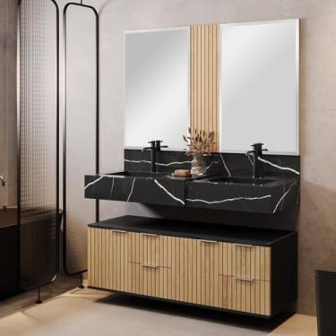 Imagem de Conjunto para Banheiro Bancada em Porcelanato com Cuba Esculpida, Armário e Espelho Ripy 120cm Preto/Wood