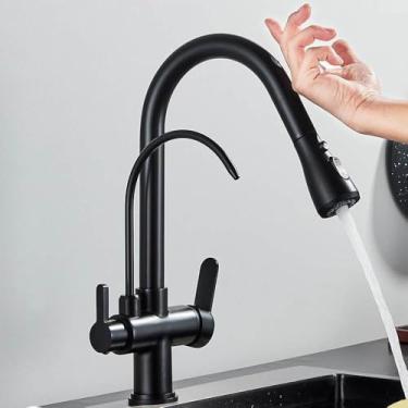 Imagem de Filtro de sensor de toque Torneira de cozinha de água de latão antigo Torneira misturadora de pulverizador com guindaste giratório de água pura para cozinha, preto fosco