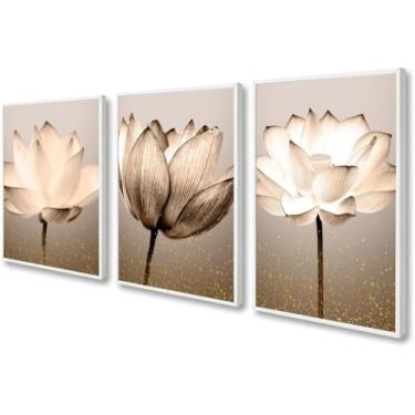 Imagem de Quadro Decorativo Flores bege luxo moderno Sala Quarto Com Moldura (Branca, 60x80, Com Vidro)