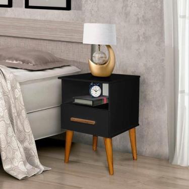 Imagem de Mesa de Cabeceira PER Estilo Retrô Com Pés em Madeira 1 Gaveta Cor Pre