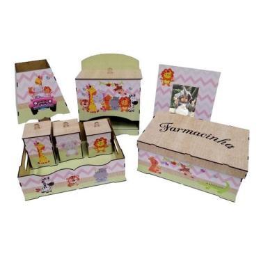Imagem de Kit Higiene Bebe Safari Rosa Quarto Decoração Maternidade - Mdf Store