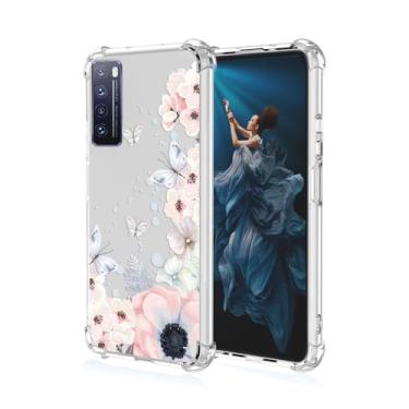 Imagem de RRXSYXL Capa para celular Huawei NOVA 7 com estampa floral e borboletas transparentes, proteção à prova de choque, capa de TPU macio para Huawei NOVA 7 (flores rosas/borboletas)
