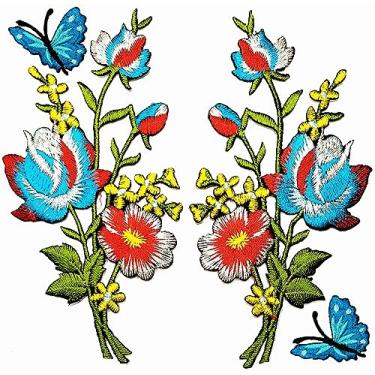 Imagem de Conjunto Lindas rosas vermelhas azuis buquê de flores com lindas borboletas bordadas adesivo ferro em aplique para suprimentos de roupas emblema de costura decorativa artesanato