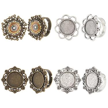 Imagem de SUNNYCLUE 16 peças 4 estilos anel de dedo branco ajustável em branco base vintage flor anel cabochão base plana configurações de anel antigo prata bronze adulto mulheres artesanato DIY