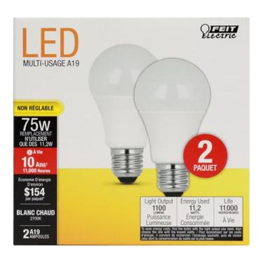 Imagem de Feit Electric Lâmpadas LED A19, equivalente a 75 W, não regulável, 1100 lúmens, base padrão E26, branco macio 2700k, 80 CRI, vida útil de 10 anos, eficiência energética, pacote com 2,