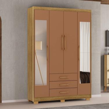 Imagem de Guarda-Roupa Solteiro Reus 4 Portas 3 Gavetas com Espelho Natural/Camarim - Pnr Móveis