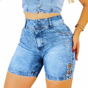Imagem de  Shorts Jeans Feminino Com Ilhós Lavagem Marmorizado Cintura Alta Cós 
