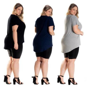 Imagem de Kit 3 Blusas Mullet Feminina Plus Size Preto - Mescla - Marinho 1126 -