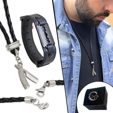 Imagem de Kit Colar Couro Navalha Barbearia Pulseira Couro Lâmina - GRANADO ACES