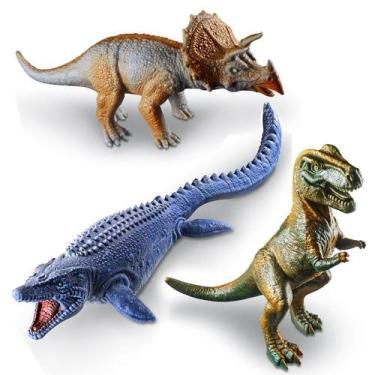 Imagem de 3 Dinossauros Em Vinil Mosassauro Triceratops Rex Brinquedo - Cometa