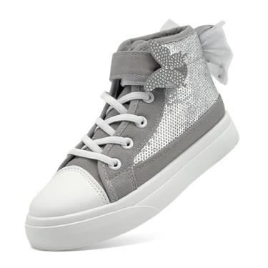 Imagem de Tênis infantil para meninas e meninos, moderno, lona, cano alto, borboleta, lantejoulas, sapatos infantis casuais para caminhada, Cinza, 12.5 Little Kid