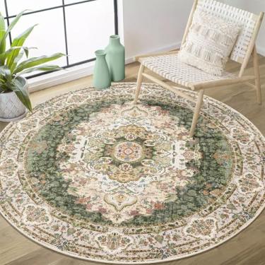 Imagem de Castage Tapete redondo verde de 1,2 m, tapetes circulares laváveis para entrada de quarto, banheiro, boêmio, vintage, envelhecido, oriental, antiderrapante, floral sálvia