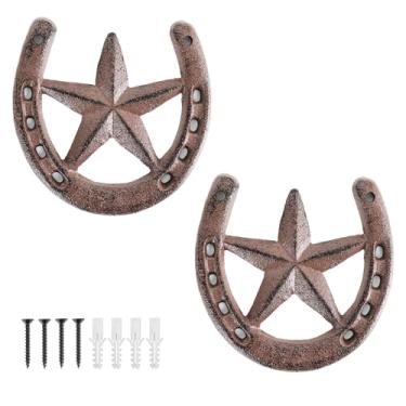Imagem de Parceria 2 peças de ferradura de ferro fundido com decoração de parede de estrela, arte de parede de ferradura de metal vintage de ferro fundido para boa sorte, decoração de sapatos de cavalo de