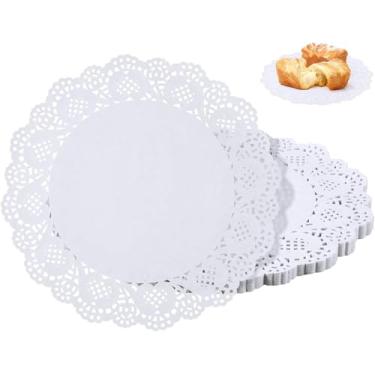 Imagem de 150 peças de papel de renda branca de 15 cm, descartáveis, redondos para buffet, bolo, comida frita, festa, casamento, talheres descartáveis, toalhas de cozinha e mesa, pequenos guardanapos de papel