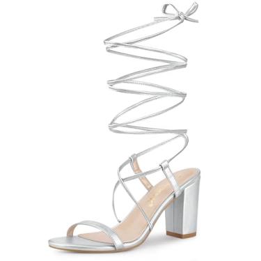 Imagem de Allegra K Sandálias femininas de salto grosso com tiras e tira única, Prata, 37