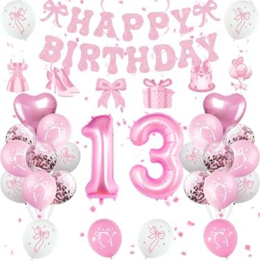 Imagem de Miidenks 13th Birthday Decorations for Girls, Pink Bow Coquette 13 Birthday Balloons Set,33 Pieces, Includes Banner, Hanging Swirls, Balloons, Perfect for Girls' Party