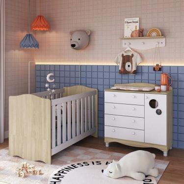 Imagem de Conjunto Quarto de Bebê 1 Berço 1 Cômoda Trocador 4 Gavetas 1 Prateleira Carvalho Araguaia/Branco