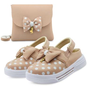 Imagem de Kit Sandália Babuche Infantil Menina Com bolsa Laço Nude/Branco Gatatu