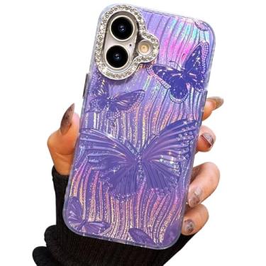 Imagem de I-MGAE-IN-AR Capa compacta para iPhone 16 Plus com design de borboleta, moldura de proteção de lente de câmera de diamante 3D, capa protetora de TPU macia e macia à prova de choque para mulheres e